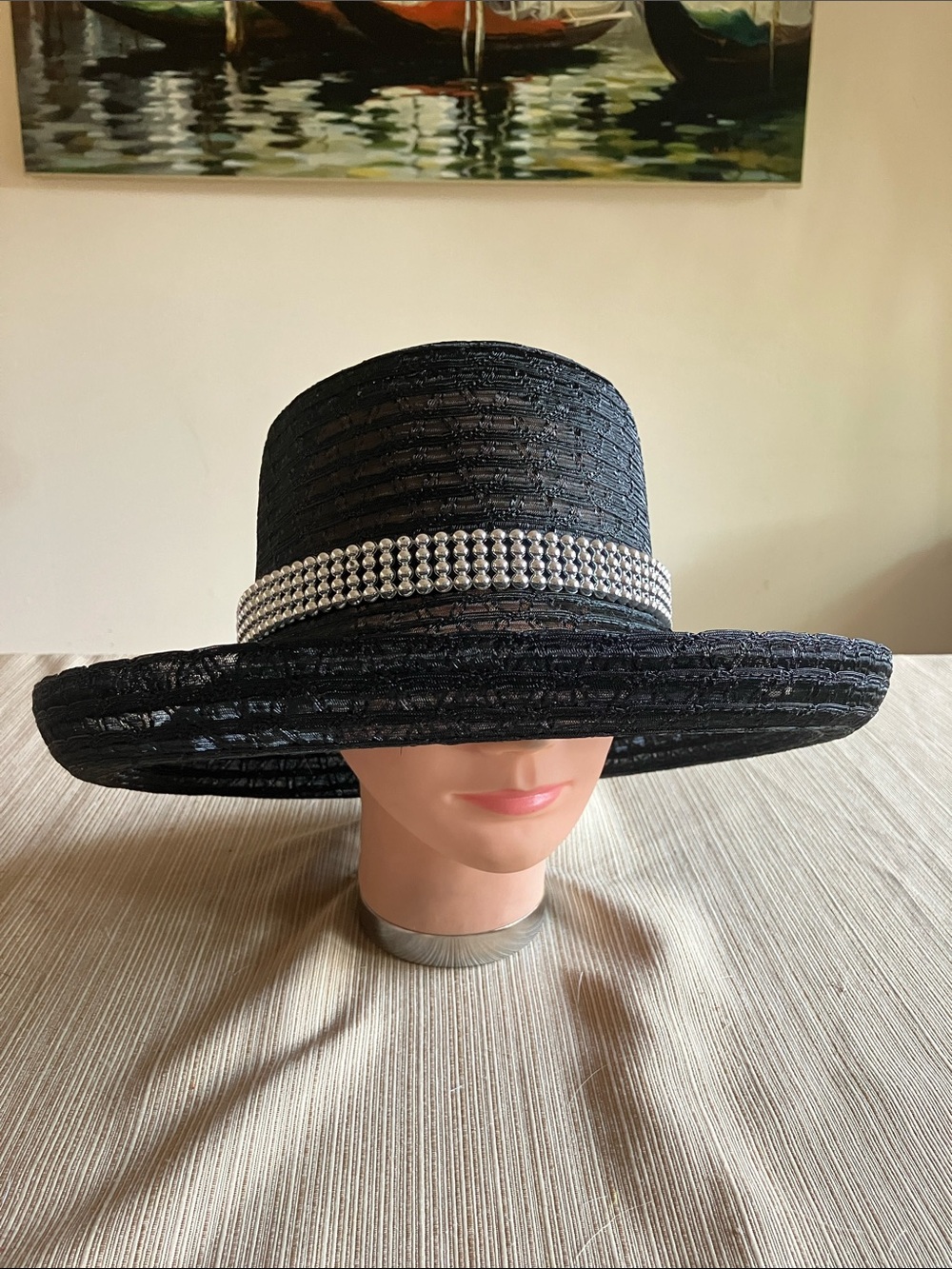 Elegant Black Wide-Brim Hat with Silver Decorative Beaded Band